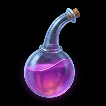Illustration of an alchemist’s glass flask filled with violet liquid